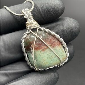 Handcrafted Chrysoprase Gemstone Necklace Wire Wrapped Pendant Sterling silver